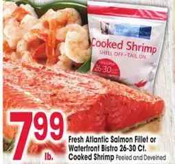 Jewel-Osco Fresh Atlantic Salmon Fillet or Waterfront Bistro 26-30 Ct. Cooked Shrimp offer
