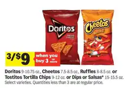 Meijer Doritos, Cheetos, Ruffles, Tostitos Tortilla Chips, Dips or Salsas offer