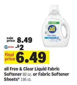Meijer all Free & Clear Liquid Fabric Softener or Fabric Softener Sheets offer