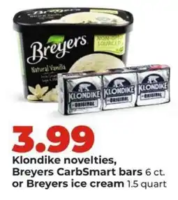 Hy-Vee Klondike novelties, Breyers CarbSmart bars or Breyers ice cream offer