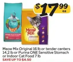 Winn Dixie Meow Mix Original or tender centers or Purina ONE Sensitive Stomach or Indoor Cat Food offer