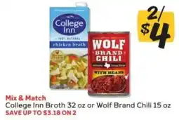 Winn Dixie College Inn Broth or Wolf Brand Chili offer