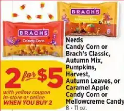 H-E-B Brachs Nerds Candy Corn or Brach's Classic, Autumn Mix, Pumpkins, Harvest, Autumn Leaves, or Caramel Apple Candy Corn or Mell offer