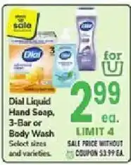 Jewel-Osco Dial Liquid Hand Soap, 3-Bar or Body Wash offer
