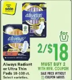Jewel-Osco Always Radiant or Ultra Thin Pads offer