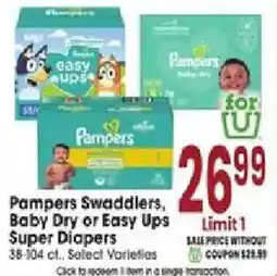 Jewel-Osco Pampers Swaddlers or Easy Ups Super Diapers offer