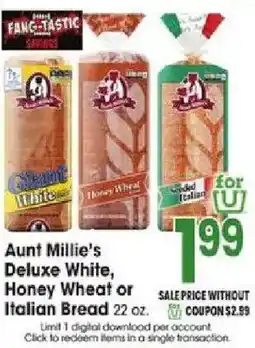 Jewel-Osco Aunt Millie's Deluxe White, Honey Wheat or Italian Bread offer