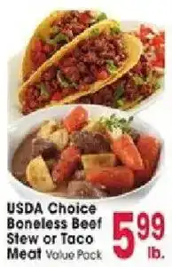 Jewel-Osco Usda choice boneless beef stew or taco meat value pack offer