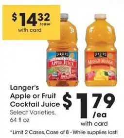 Smith's Langer's Apple or Fruit Cocktail Juice offer