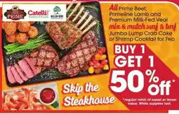 Giant Eagle Catelli Prime All Prime Beef, Primeline Lamb and Premium Milk-Fed Veal mix & match surf & turf Jumbo Lump Crab Cake or Shrimp offer