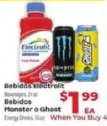 Supermercado El Rancho Bebidas Electrolit or Monster o Ghost offer