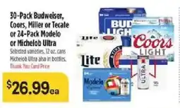 Bashas' 30-Pack Budweiser, Coors, Miller or Tecate or 24-Pack Modelo or Michelob Ultra offer