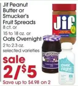 Giant Eagle Jif Peanut Butter or Smucker's Fruit Spreads or Oats Overnight offer