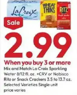 Stater Bros La Croix Sparkling Water or Nabisco Ritz or Snack Crackers offer