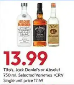 Stater Bros Tito's, Jack Daniel's or Absolut offer
