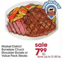 Giant Eagle Market District Boneless Chuck Shoulder Roasts or Value Pack Steaks offer
