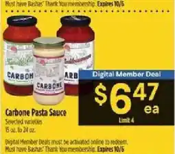 Bashas' Carbone Pasta Sauce offer