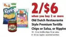 Festival Foods Old Dutch Restaurante Style Premium Tortilla Chips or Salsa, or Ripples offer