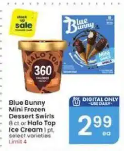 Albertsons Blue Bunny Mini Frozen Dessert Swirls or Halo Top Ice Cream offer