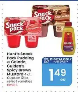 Albertsons Hunt's Snack Pack Pudding or Gelatin, Gulden's Spicy Brown Mustard offer