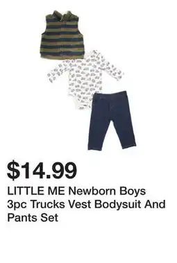 Marshalls LITTLE ME Newborn Boys 3pc Trucks Vest Bodysuit And Pants Set offer