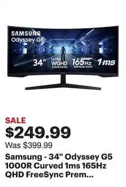Best Buy Samsung - 34 Odyssey G5 1000R Curved 1ms 165Hz QHD FreeSync Prem Gaming Monitor - Black offer