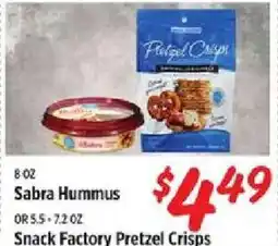 Rouses Sabra Hummus or Snack Factory Pretzel Crisps offer