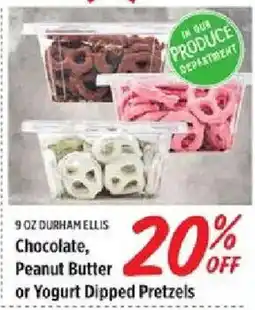 Rouses Durham Ellis Chocolate, Peanut Butter or Yogurt Dipped Pretzels offer