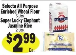 Sellers Bros Selecta all purpose enriched wheat flour, super lucky elephant jasmine rice offer