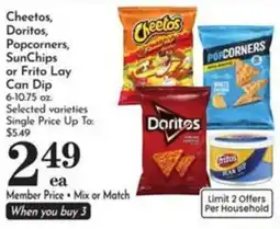 Pavilions Cheetos, Doritos, Popcorners, SunChips or Frito Lay Can Dip offer
