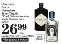 Pavilions Hendrick's Gin or Herradura Silver Tequila offer