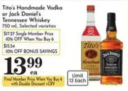 Pavilions Tito's Handmade Vodka or Jack Daniel's Tennessee Whiskey offer