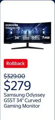 Walmart Samsung 34 Odyssey G55T WQHD 165Hz 1ms(MPRT) AMD FreeSync HDR Curved Gaming Monitor - LC34G55TWDNXZA offer