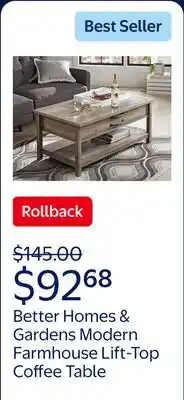 Walmart Better Homes & Gardens Modern Farmhouse Lift-Top Coffee Table, Rustic Gray offer