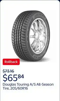 Walmart Douglas Touring A/S 205/60R16 92V All-Season Tire offer