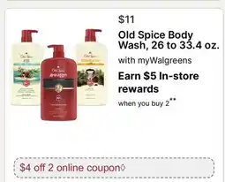 Walgreens Old Spice Body Wash, 26 to 33.4 oz offer