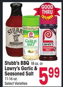 Jewel-Osco Stubb's BBQ 18 oz. or Lawry's Garlic & Seasoned Salt 11-16 oz offer