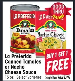 Jewel-Osco La Preferida Canned Tamales or Nacho Cheese Sauce offer