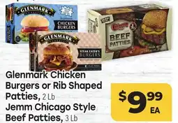 Tony’s Fresh Market Glenmark Chicken Burgers or Rib Shaped Patties, Jemm Chicago Style Beef Patties offer
