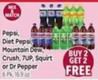 Pepsi, Diet Pepsi, Mountain Dew, Crush, 7UP, Squirt or Dr Pepper