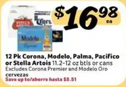 Fresco y Más 12 Pk Corona, Modelo, Palma, Pacifico or Stella Artois offer