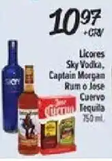 Licores Sky Vodka, Captain Morgan Rum or Jose Cuervo Tequila