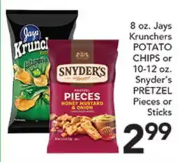 Pete's Fresh Market 8 oz. Jays Krunchers POTATO CHIPS or 10-12 oz. Snyder's PRETZEL Pieces or Sticks offer