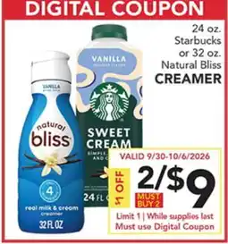 Pete's Fresh Market 24 oz. Starbucks or 32 oz. Natural Bliss CREAMER offer