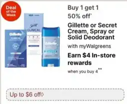 Walgreens Gillette or Secret Cream, Spray or Solid Deodorant offer