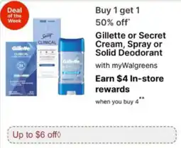 Walgreens Gillette or Secret Cream, Spray or Solid Deodorant offer