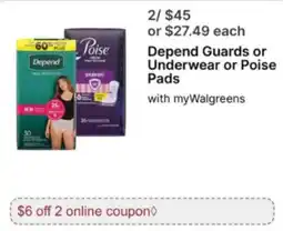 Walgreens Depend Guards or Underwear or Poise Pads offer