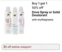 Walgreens Dove Spray or Solid Deodorant offer