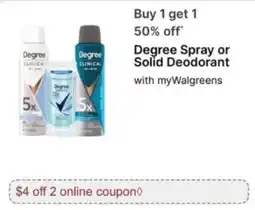 Walgreens Degree Spray or Solid Deodorant offer