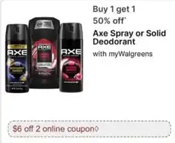 Walgreens Axe Spray or Solid Deodorant offer